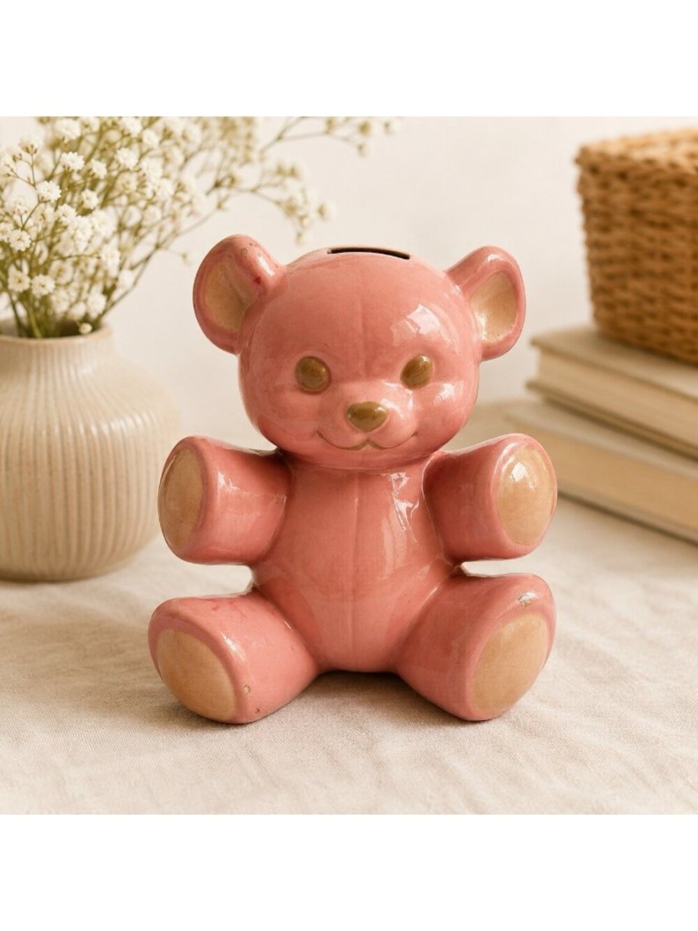 Vintage Pink Glazed Ceramic Teddy Bear Piggy Bank Nursery Baby Home Decor Gift